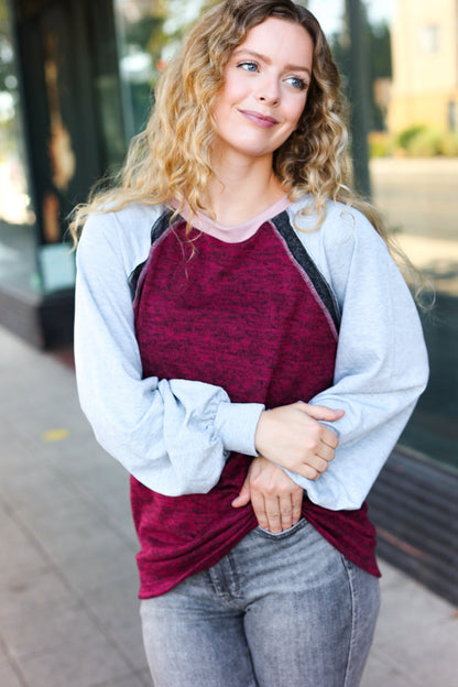 Sigrid® | Autumn Vibes - Pull raglan color block - Gris et bordeaux