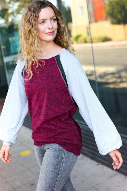 Sigrid® | Autumn Vibes - Pull raglan color block - Gris et bordeaux