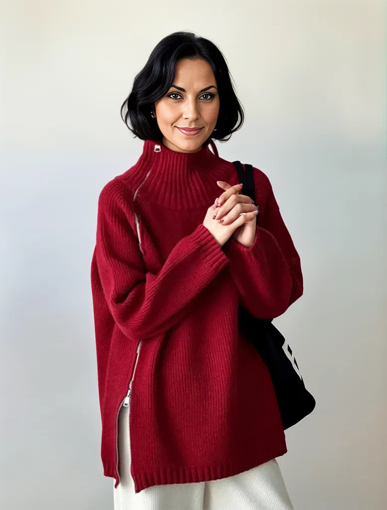 Kaéthe® | Pull rouge rubis à col montant