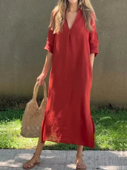 Vicky - Robe en lin à col en V de couleur unie pour femme, avec poche et col en V