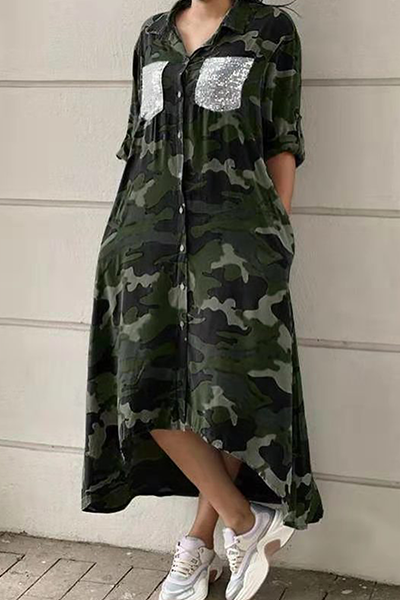 Wanda® | Robe chemise décontractée à imprimé camouflage, avec boucle à paillettes, col rabattu