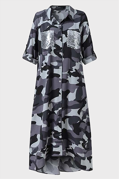 Wanda® | Robe chemise décontractée à imprimé camouflage, avec boucle à paillettes, col rabattu