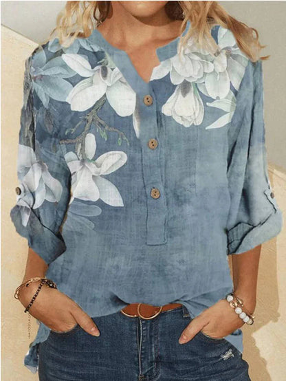 Chemise décontractée à col montant  à broderies florales pour femmes