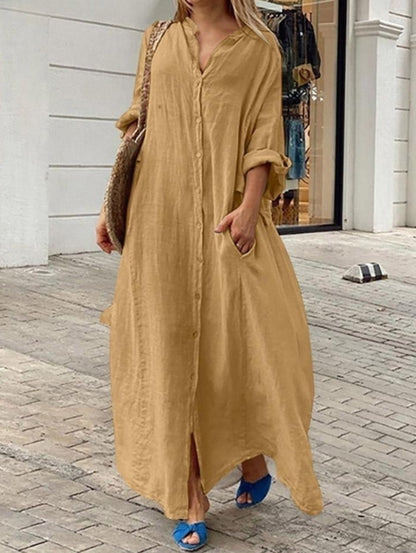 Karla - Robe à poches, ample, décontractée, unie, à simple boutonnage et à manches longues