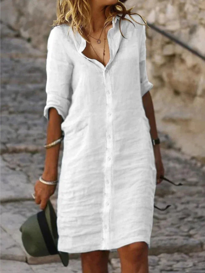 Maria - Robe unicolore en coton avec revers et boutons et demi-manches