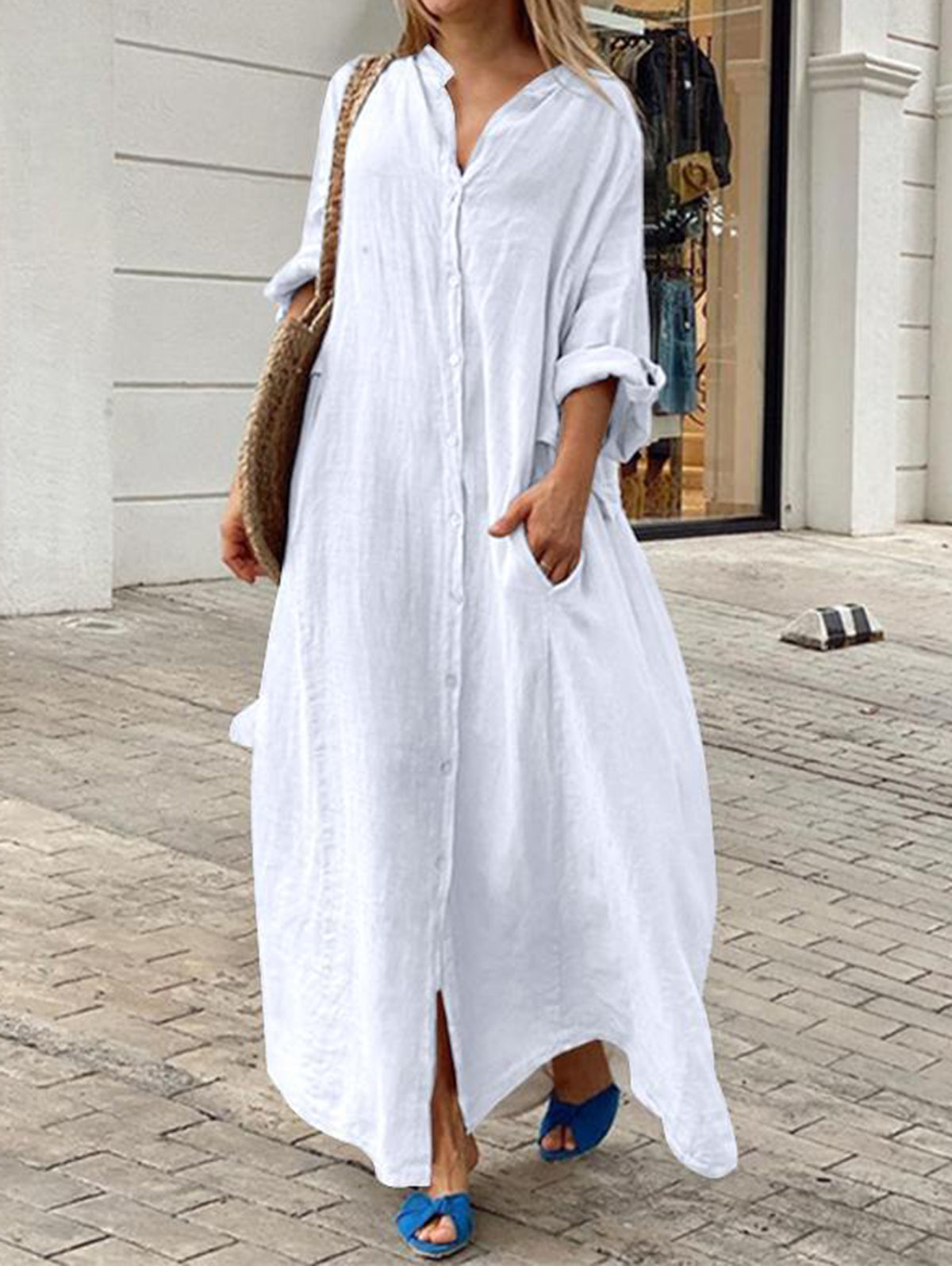 Karla - Robe à poches, ample, décontractée, unie, à simple boutonnage et à manches longues