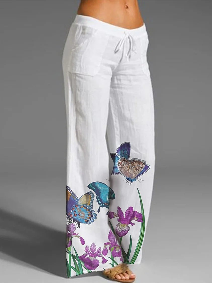 Pantalon blanc décontracté imprimé papillon avec poches