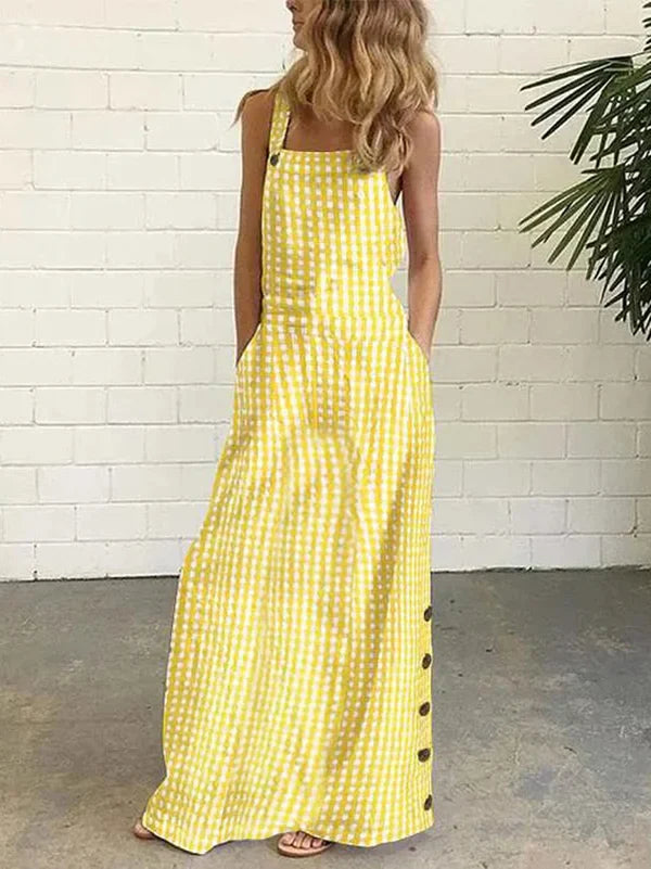 Patricia - Robe longue fluide sans manches avec boutons et poches à carreaux, décolleté en spaghetti avec fente