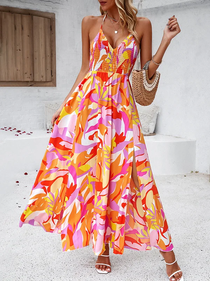 Cute - High Waist Sleeveless Backless Stretch Pleated Printed Split Side Tied Halter-Neck Maxi Dresses