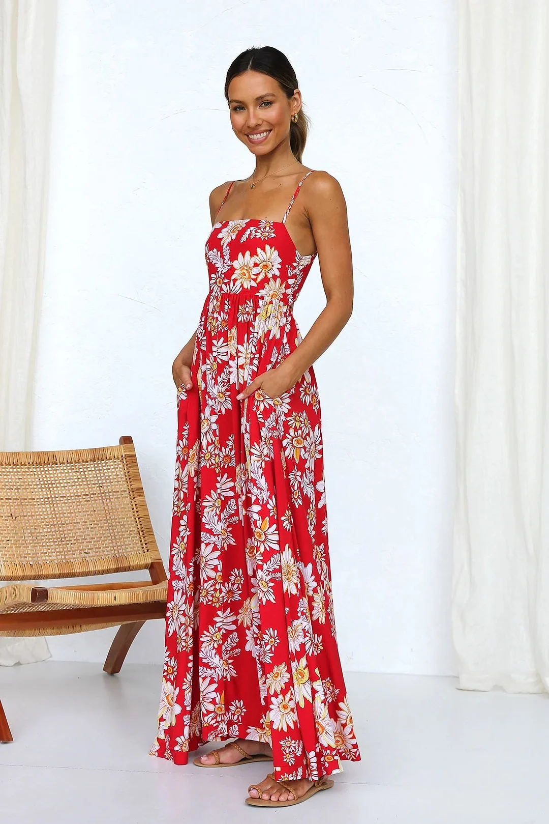 Vanessa - Robe midi à fleurs rouges