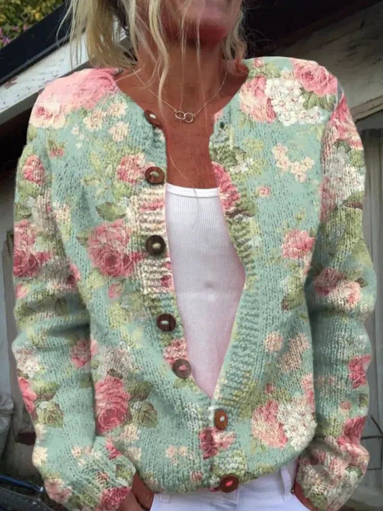 Britta® | Cardigan Vert à manches longues sans col imprimé floral