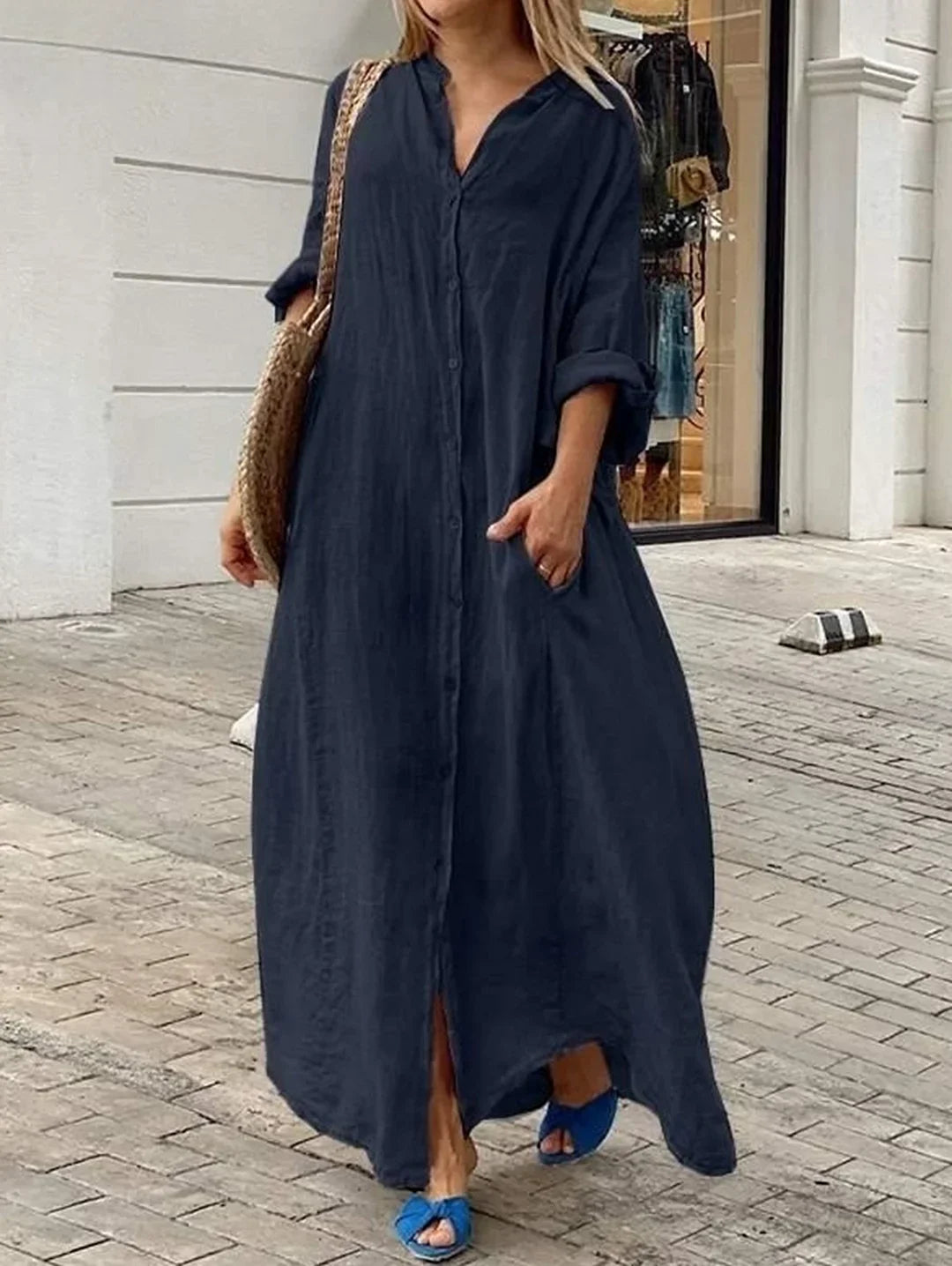 Karla - Robe à poches, ample, décontractée, unie, à simple boutonnage et à manches longues