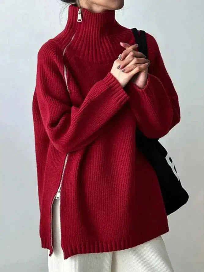 Kaéthe® | Pull rouge rubis à col montant