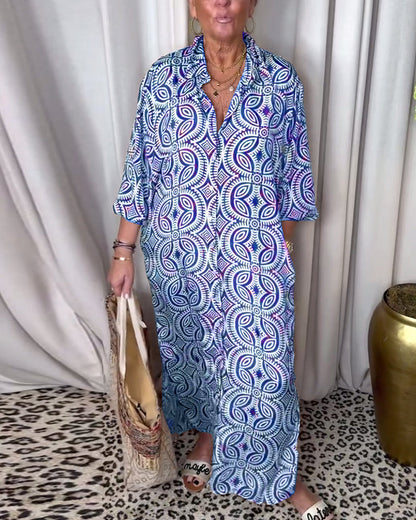 Martina - Longue robe vintage imprimée avec poche à rabat