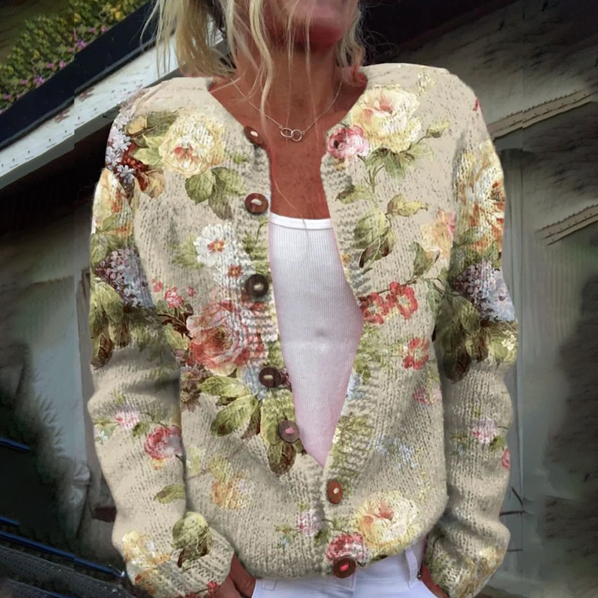 Christel® | Cardigan élégant à manches longues et sans col à imprimé floral