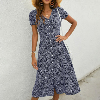 Mila - Robe midi bleu marine à manches courtes et col en V