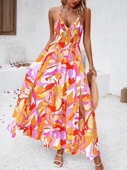 Cute - High Waist Sleeveless Backless Stretch Pleated Printed Split Side Tied Halter-Neck Maxi Dresses