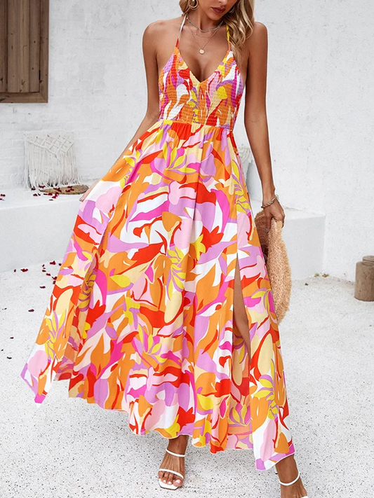 Cute - High Waist Sleeveless Backless Stretch Pleated Printed Split Side Tied Halter-Neck Maxi Dresses