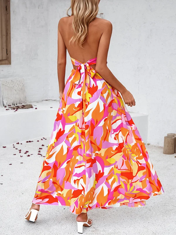 Cute - High Waist Sleeveless Backless Stretch Pleated Printed Split Side Tied Halter-Neck Maxi Dresses