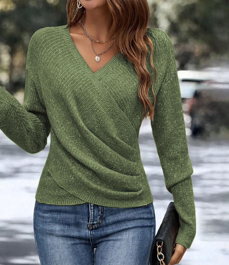 Amara® | Pull uni Vert à encolure V et manches longues