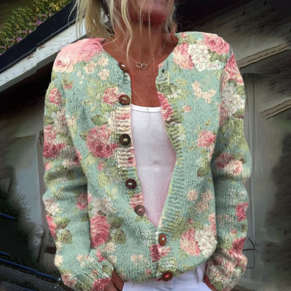 Britta® | Cardigan Vert à manches longues sans col imprimé floral