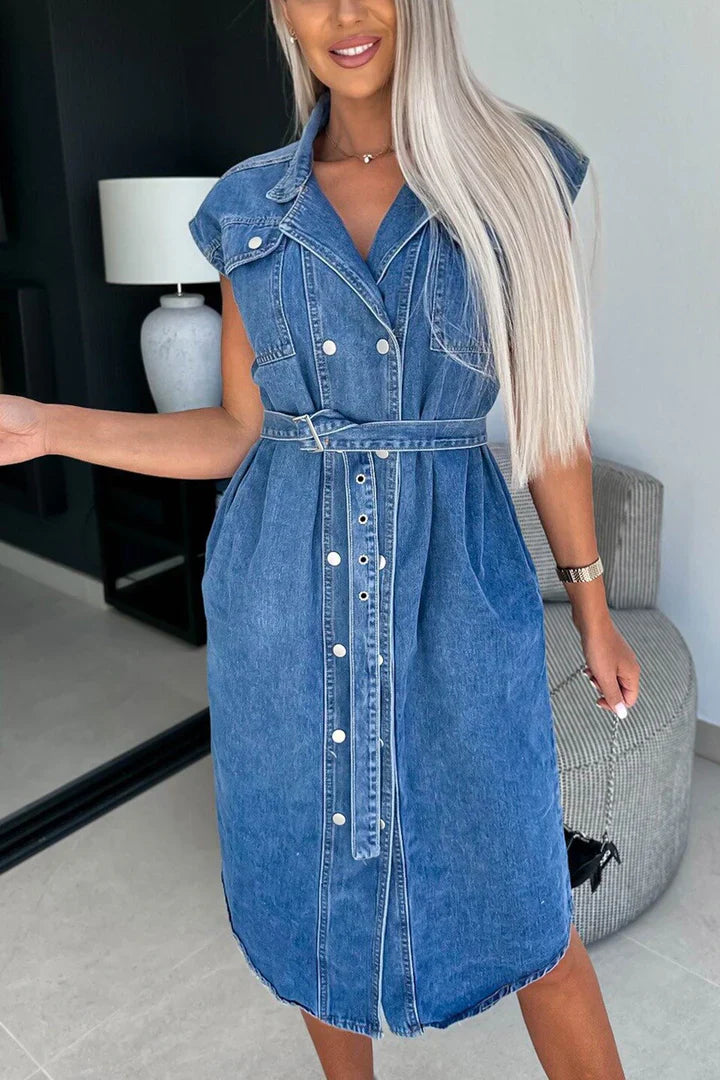 Daniela - Robe en denim à bretelles à double boutonnage et à manches courtes