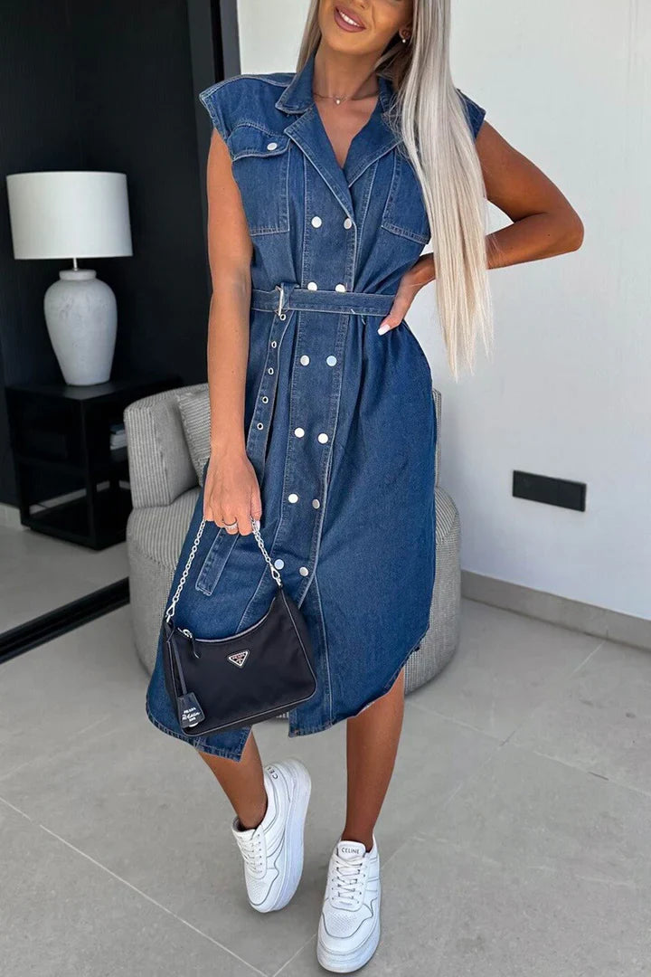 Daniela - Robe en denim à bretelles à double boutonnage et à manches courtes