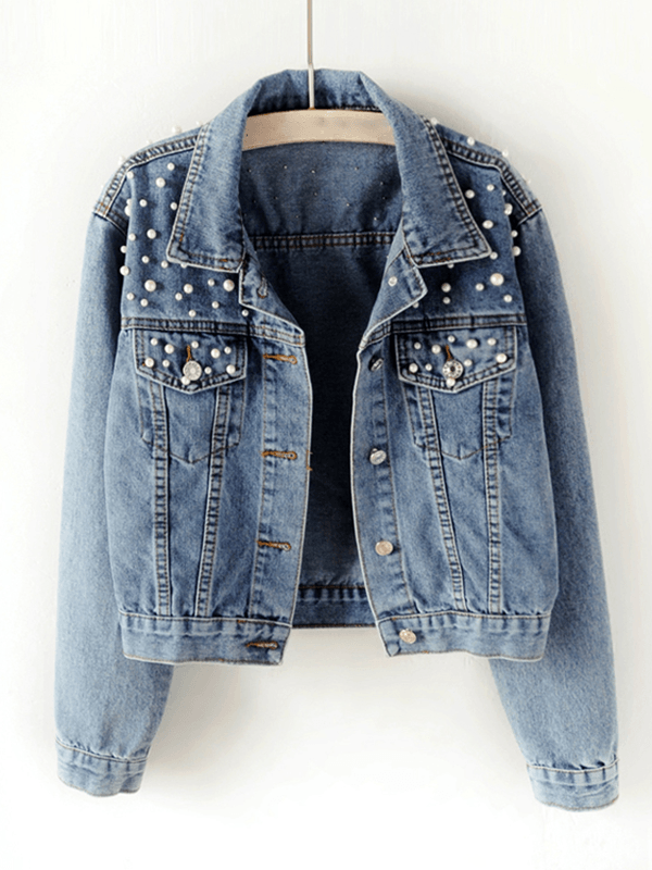 Verónica® | Veste en jean, poches boutonnées, bordure en strass, col à revers, manches longues, mode femme, décontractée, surdimensionnée, décontractée