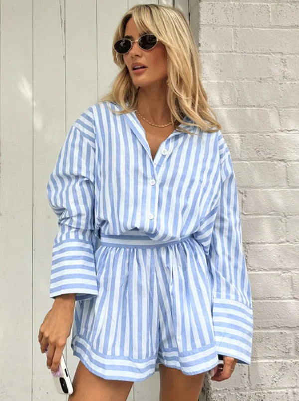 Marga - Blue Two Piece Striped Casual Long Sleeve Shirt Shorts Set