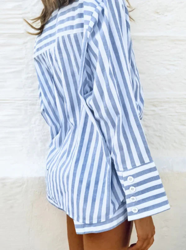 Marga - Blue Two Piece Striped Casual Long Sleeve Shirt Shorts Set