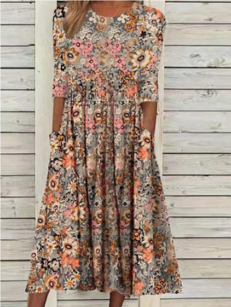 Delia - Robe midi d'été à manches courtes avec imprimé floral