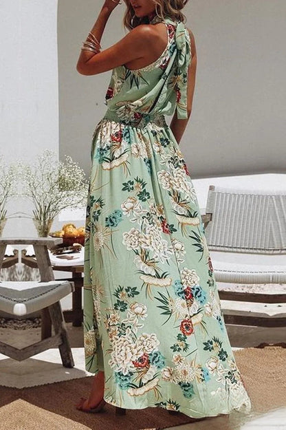 Berta - Robe à la mode à imprimé floral vert et encolure ronde