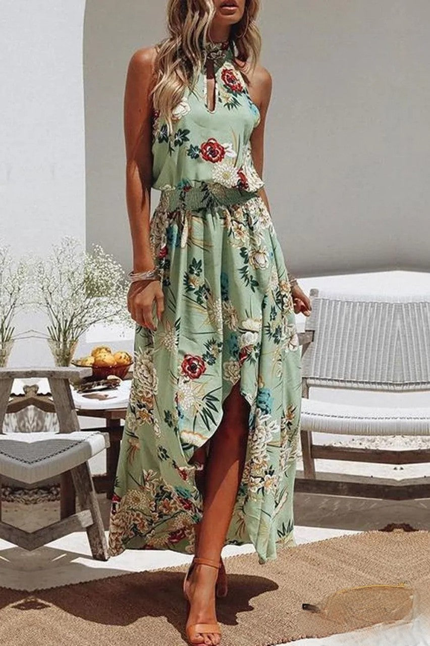 Berta - Robe à la mode à imprimé floral vert et encolure ronde