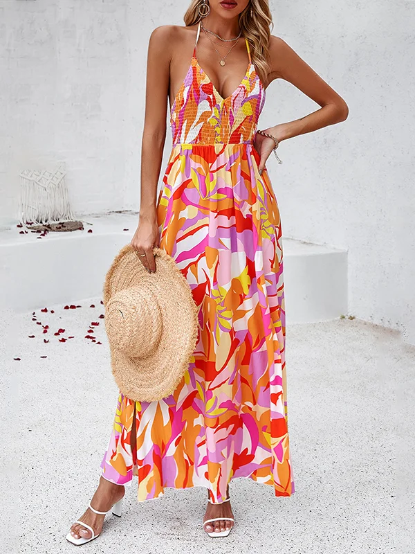 Cute - High Waist Sleeveless Backless Stretch Pleated Printed Split Side Tied Halter-Neck Maxi Dresses