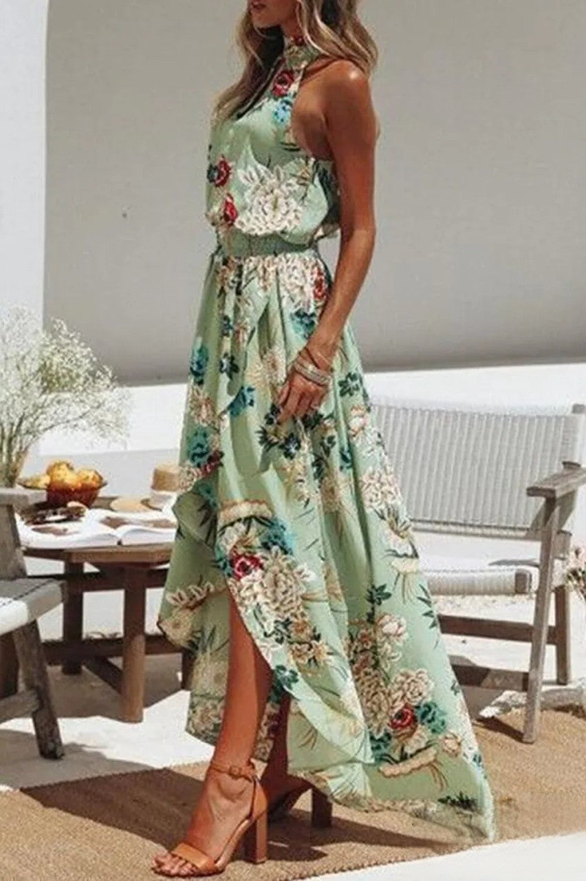 Berta - Robe à la mode à imprimé floral vert et encolure ronde