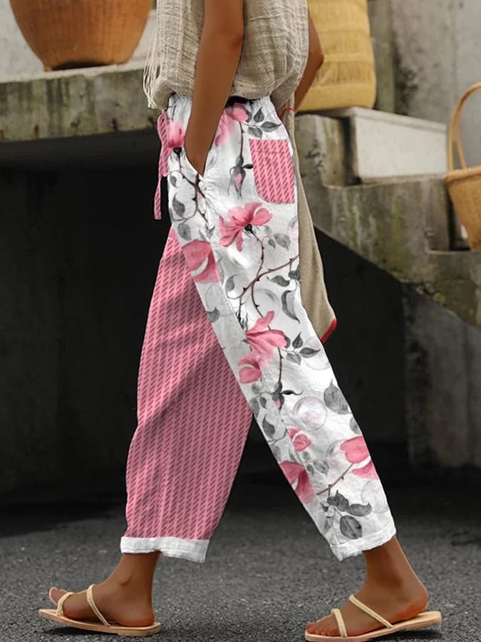 Janna - Pantalon décontracté vintage à imprimé floral et à rayures pour femmes