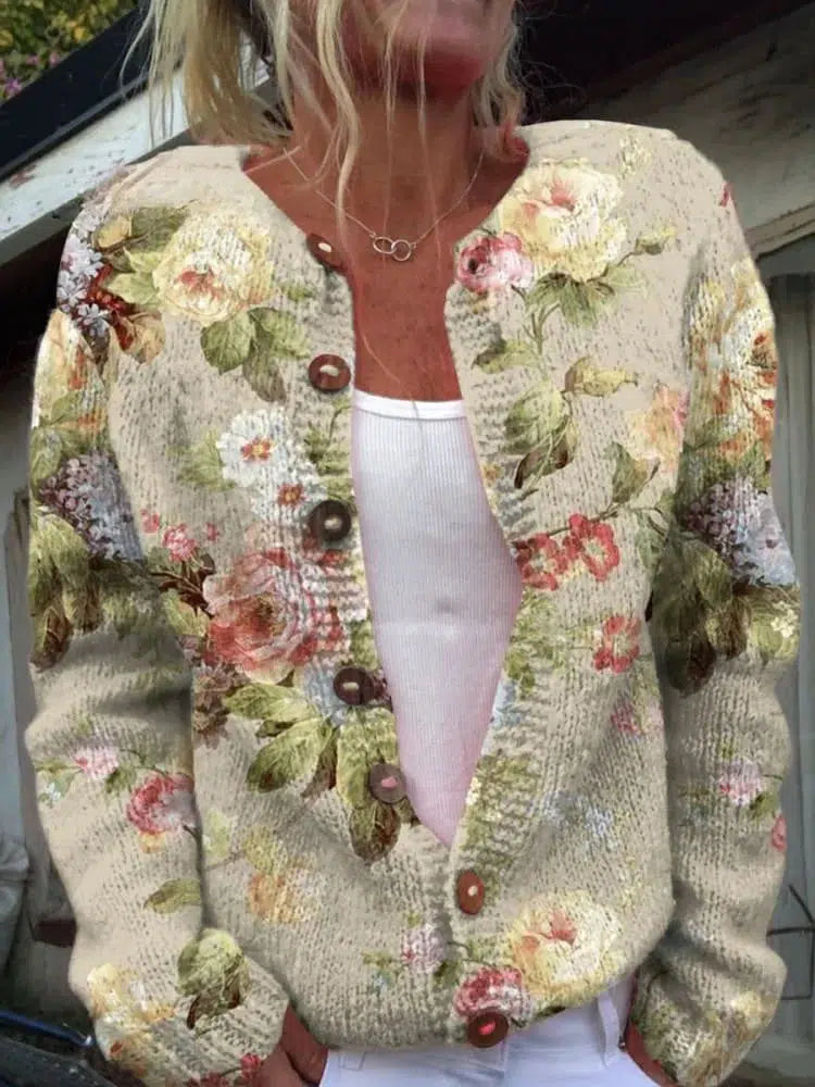 Christel® | Cardigan élégant à manches longues et sans col à imprimé floral