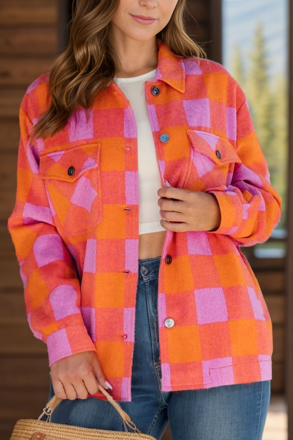 Adélina® | Veste à manches longues avec motif à carreaux color block et boutons