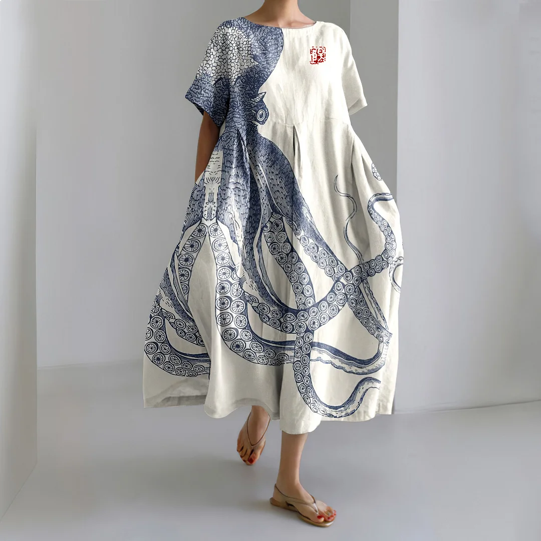 Robe Maxi Décontractée avec Imprimé Art Japonais de Poulpe et Crabe