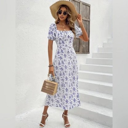 Lara - Robe midi à encolure carrée et imprimé floral