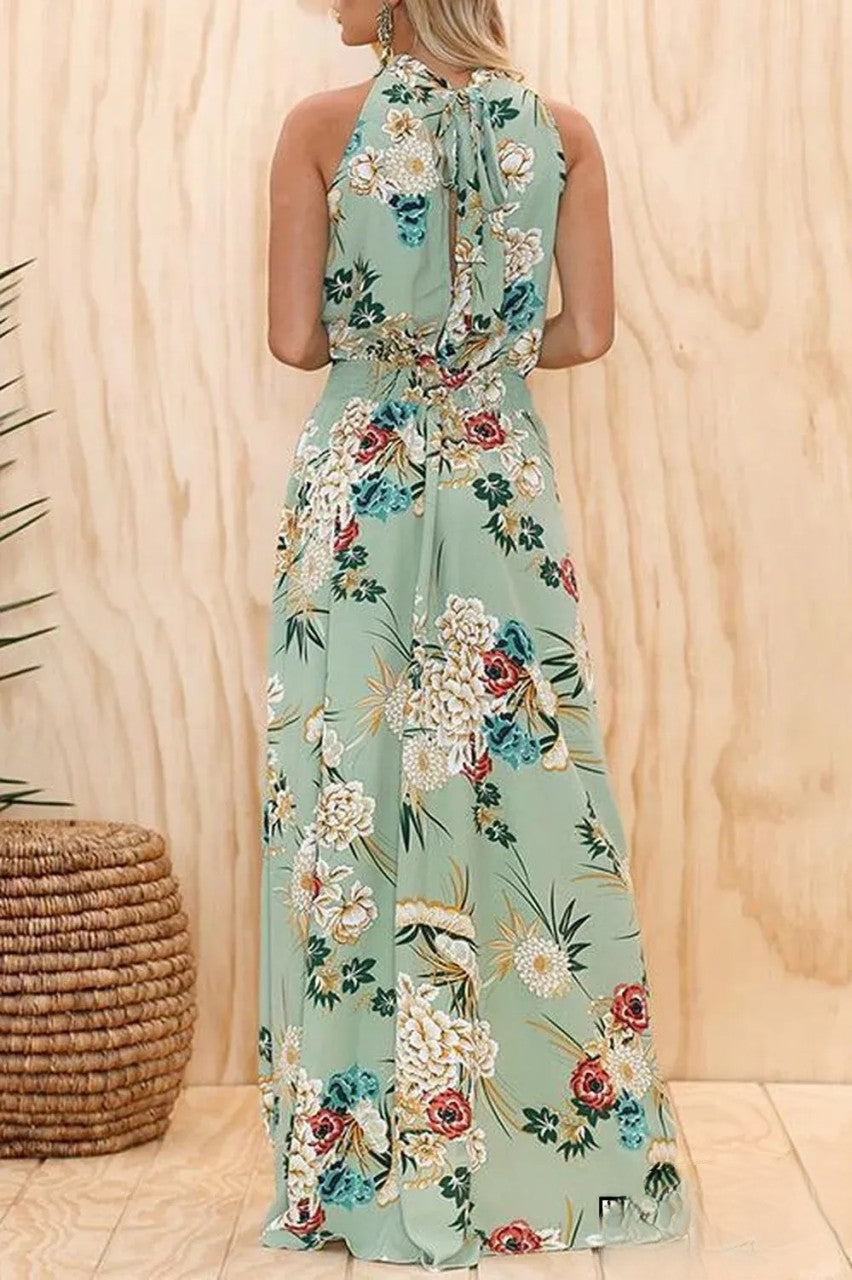 Berta - Robe à la mode à imprimé floral vert et encolure ronde