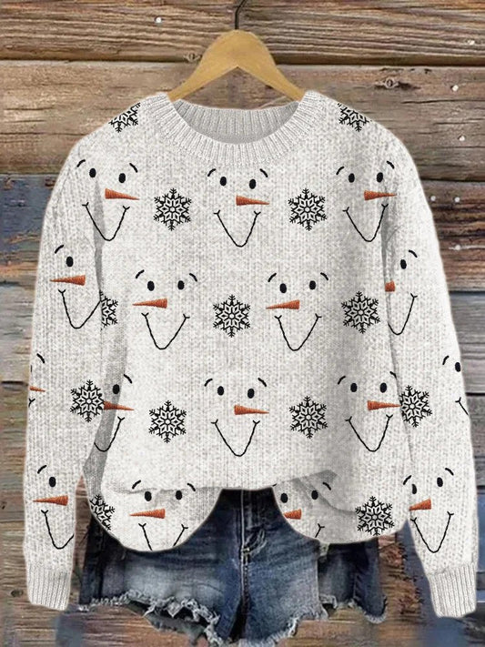 Pull en Tricot Confortable Brodé de Visages de Bonhomme de Neige et de Flocons de Meige