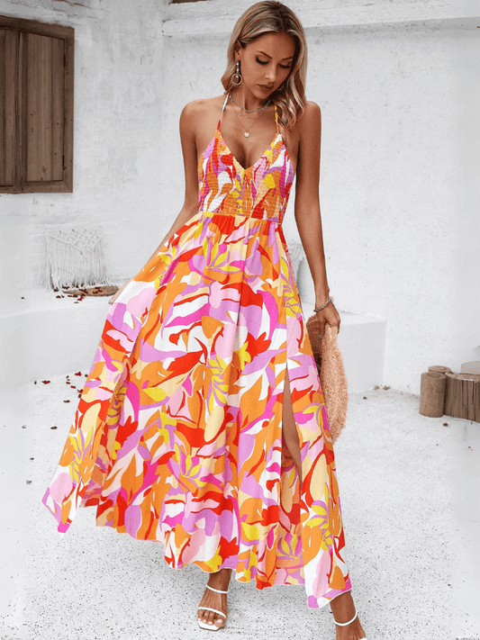 Hawaii - Robe longue dos nu à imprimé floral avec nœud dans le dos - Orange