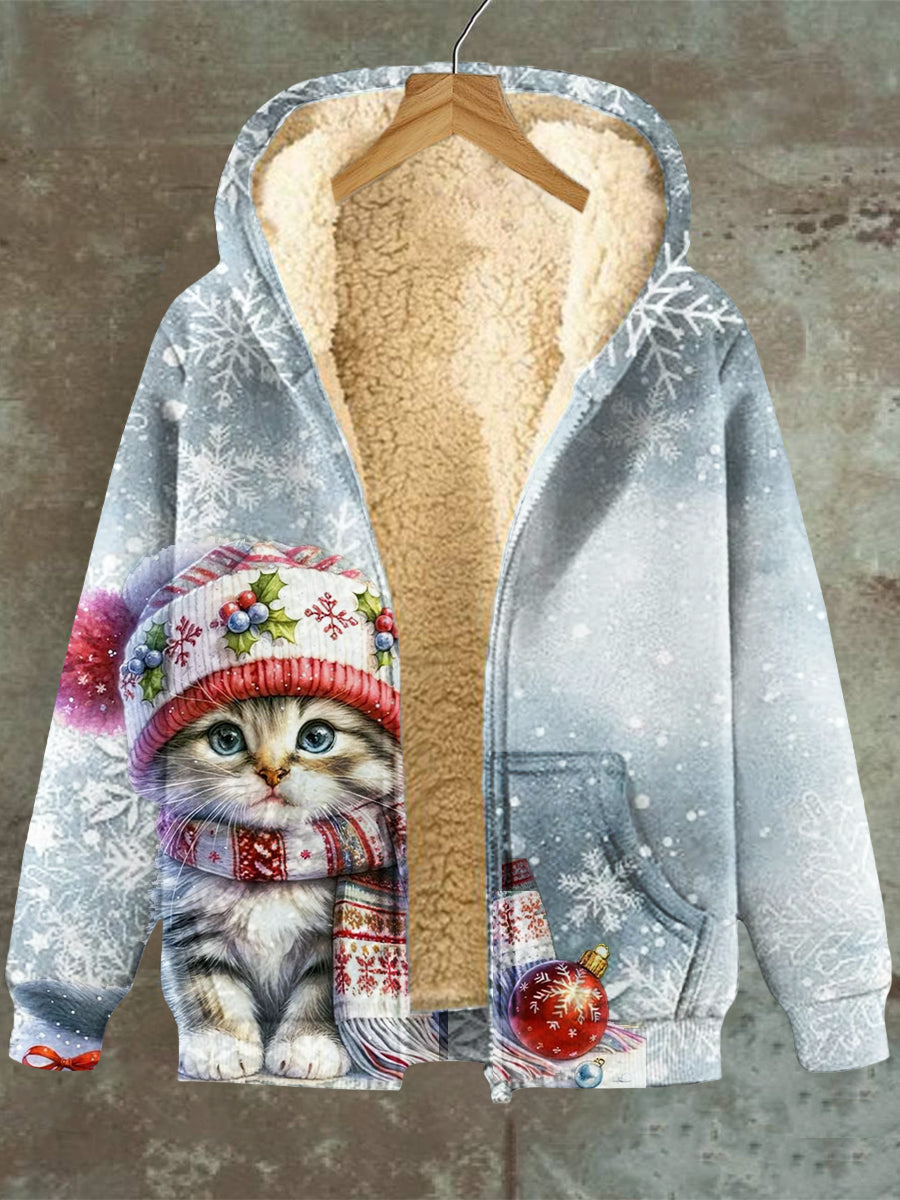 Zaida® | Veste polaire à capuche zippée à motif de chat et de flocon de neige